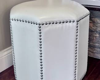 White Leather Nailhead Ottoman / Stool