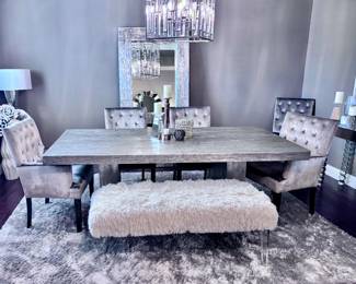 Dining Table and Chairs, Z Gallerie Timber Dining Table, Z Gallerie Lola Dining Chairs, Z Gallerie Fur Bench with Acrylic Legs, Floor Mirror, Home Décor and Area Rug