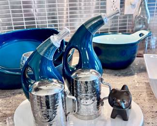 Oil Bottles, White Tray, Salt and Pepper Shakers and Cute Dog Statue