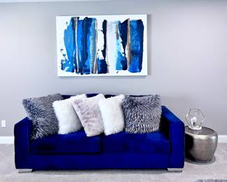 Z Gallerie Dark Blue Sofa, Brass End Table, Art and Throw Pillows 