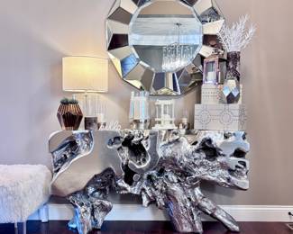 Z Gallerie Sequoia Console Table, Z Gallerie Round Mirror, Table Lamp and Décor 