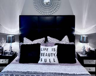 Queen Bed, Table Lamps and Wall Art