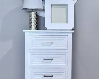 White Chest of Drawers, Wall Mirror, Gold Lamp and Picture Frame