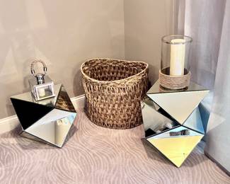 Mirrored Side Tables and Woven Basket