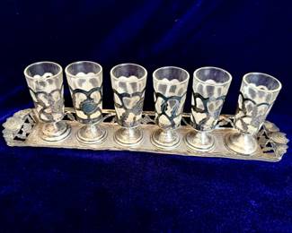 Mexican Sterling Silver Stemmed Cordials with Tray