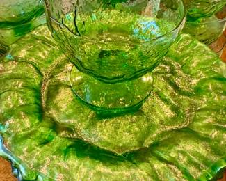 Sherbet bowls and Dessert Plates - Green Glass 