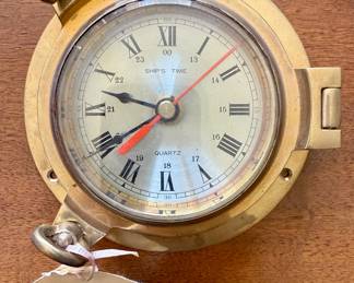 Brass Porthole-Style "Ship's Time" Quartz Clock - attached tag from Calloway's 