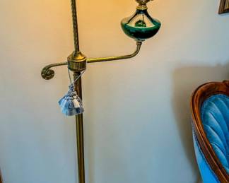 Brass Floor Lamp with Blue and Green Floral Pattern Shade on Marble Base