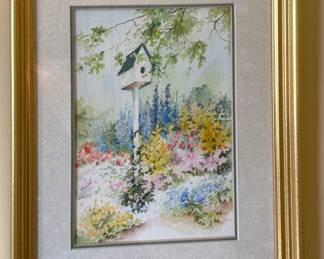 Matted and Framed Art - Garden Scene with Birdhouse 