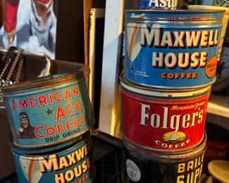 Vintage Coffee Cans, Maxwell House, American Ace Coffee, Folger's