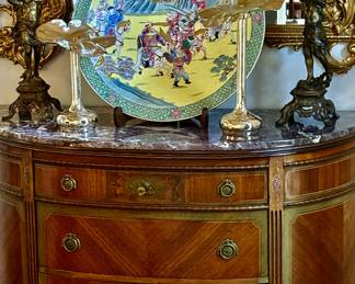 Gorgeous 1890 Antique French Louis XVI Walnut & Satinwood Marble Top Commode