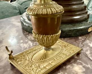 Antique brass and walnut inkwell