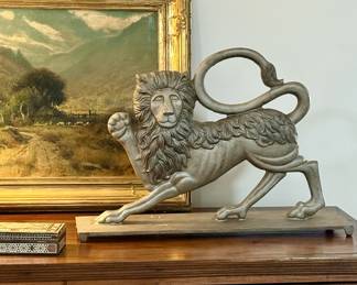 Antique English Victorian cast iron lion massive fireplace cover