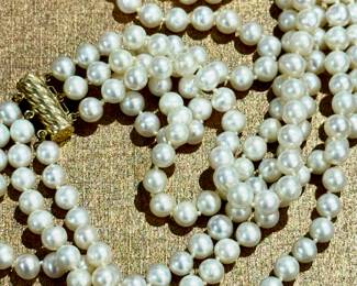 Triple strand pearl choker in 14K