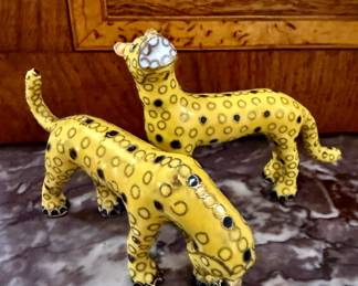 Small pair of antique cloisonné Jaguars