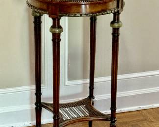 Late 18th C LOUIS PHILIPPE side table with wooden banded top and caned shelf stretcher.
