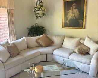 Mid-Century Marble & Brass Coffee Table with Glass Top, Cream Striped Sectional
