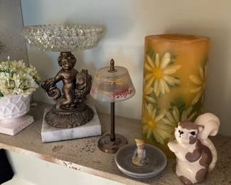 Hollywood Regency Figural Cherub Pedestal Crystal Candy Dish, Figural Lamp Perfume Display, Irish Porcelain Figural Gnome Ring Holder, Kay Finch Ceramic Squirrel Figurine