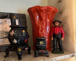 Miniature Cast Iron Pot Belly Stove, Cast Iron Amish Man Figurine