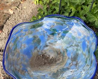 Blue Art Glass Bird Bowl