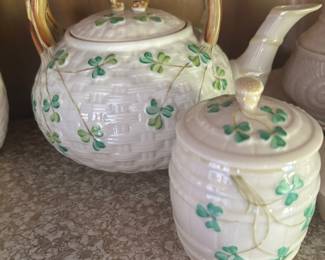Belleek Ireland Porcelain Shamrock Basketweave Teapot, Belleek Ireland Porcelain Shamrock Basketweave Sugar Bowl