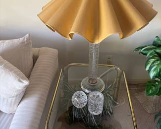 Pair of Hollywood Regency Style Etched Glass Table Lamp with Yellow Ruffled Shade, Brass Side Table with Glass Top