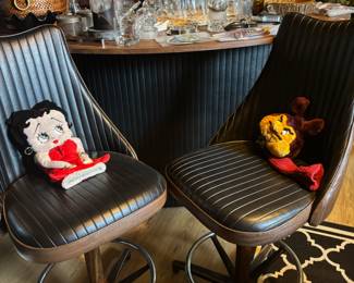 Pair of Mid Century Chromcraft Black Vinyl Swivel Bar Stools