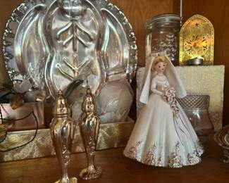 Josef Originals "The Bride" Figurine, Stanhome Silverplate Salt & Pepper Shakers