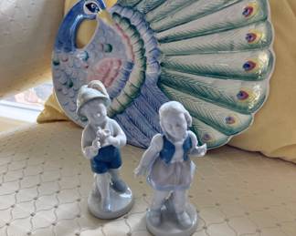 Gerold Porzellan Bavaria Boy & Girl Figurines, Peacock Platter