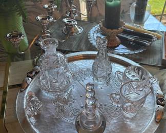 Trade Continental Hand Wrought Aluminum Lazy Susan with Rose Handles, Pair of Wallace Baroque Silver Plated Candelabra Twisted 3 Branch Candle Holders