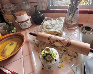 Clay Art Terra Toscana Salad Bowl, Wooden Rolling Pin with Inlaid Design, George Z. Lefton Daisy Sugar Bowl