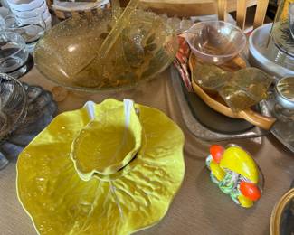 Mid Century Gold Glitter Leaves Lucite Acrylic Serving Bowl & Spoon Rests , Secla Majolica Yellow Cabbage Chip & Dip Server Platter, Mid Century Ceramic Mushroom Napkin Holder