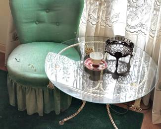 Green Upholstered Slipper Chair, Hollywood Regency Style Round Glass Top Side Table