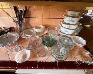 Corning Ware Blue Cornflower Lidded Casserole Dishes, Corning Ware Golden Wheat Casserole Dishes, Turquoise Glass Desert Bowls