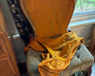 Victorian Style Parlor Chair with Green & Yellow Velvet Uplostery