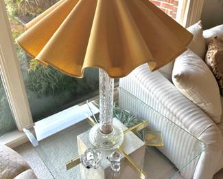 Pair of Hollywood Regency Style Etched Glass Table Lamp with Yellow Ruffled Shade, Mid-Century Marble & Brass Pedestal Side Table with Glass Top