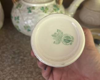 Belleek Ireland Porcelain Shamrock Basketweave Teapot, Belleek Ireland Porcelain Shamrock Basketweave Sugar Bowl