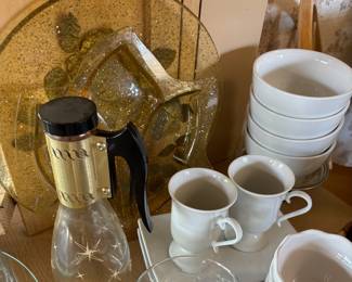 Mid Century Atomic Starburst Jim Beam Carafe, Mid Century Gold Glitter Leaves Lucite Acrylic Divided Platter, Set of 4 BIA Cordon Bleu Chowder Bowls