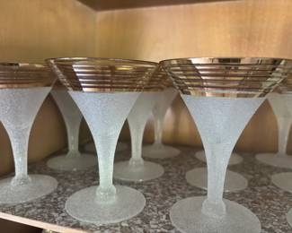 Mid Century Gold Banded Textured Frosted Martini Glasses