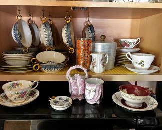 Theodore Haviland Cambridge Blue Dish Set, Royal Chelsea Pink Rose Tea Cup & Saucer