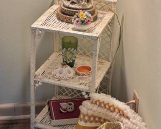 3 Tier White Wicker Shelf, Colonial Lady & Gentleman Figural Table Lamp