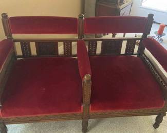 Victorian Style Red Velvet Two Seat Three Armrest Carved Wooden Seater