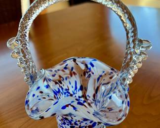 Murano Style White, Blue & Red Splatter Art Glass Basket