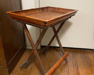 Faux Bamboo Folding Tray Table with Woven Rattan Inset