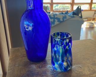 Cobalt Blue Blown Glass Vase, Blue Speckled Blown Glass Lowball Glass