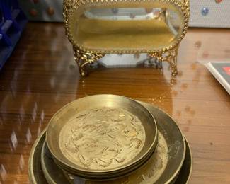 Gold Filigree Beveled Glass Jewelry Casket, Etched Brass Trinket Dishes