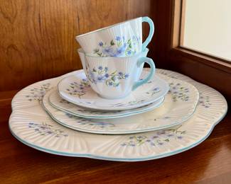 Shelley Blue Floral Fine Bone China – Pair of Teacup & Saucers, Snack Plate, Dinner Plate