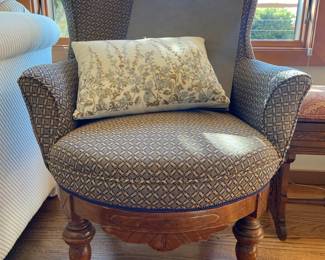 Rolling Victorian Style Wingback Arm Chair with Diamond Pattern Jacquard Upholstery