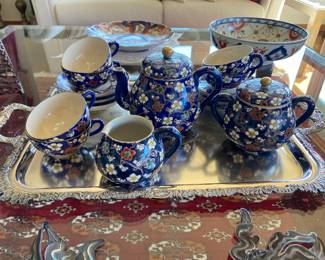 Japanese Satsuma Style Blue & Floral Tea Set