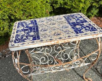 Blue & White Floral Tiled Table with Wrought Iron Base